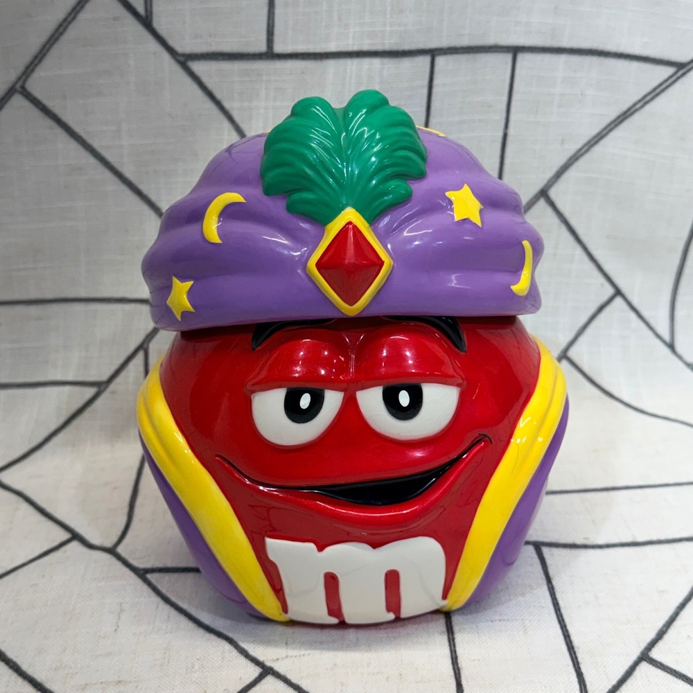 M&M Red Character Ceramic Candy Jar Galerie Arabian Night Turban Purple Red READ